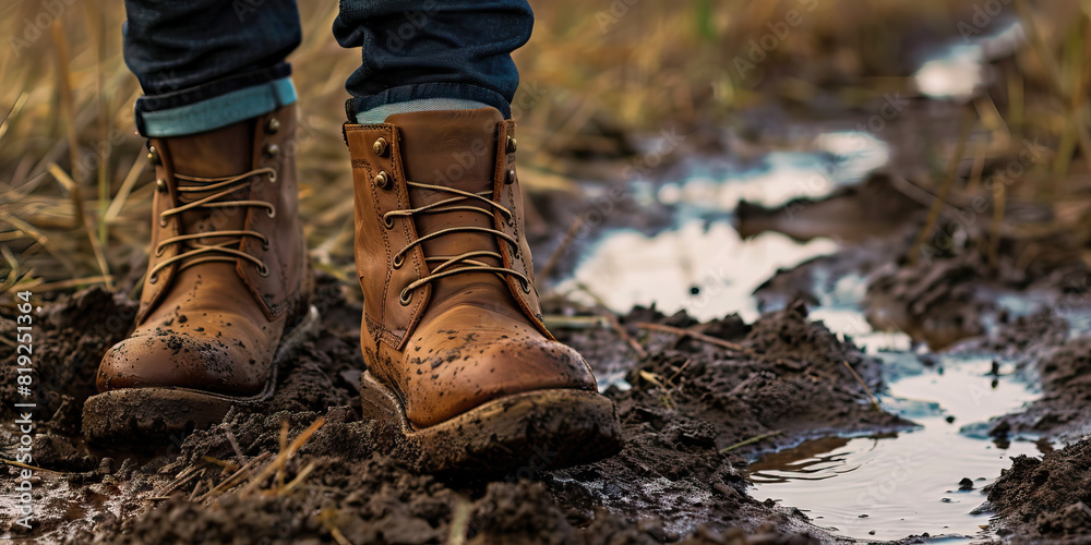 Determined Hikers' Trudge Through Muddy Fields: Worn Brown Leather Boots Leave Their Mark