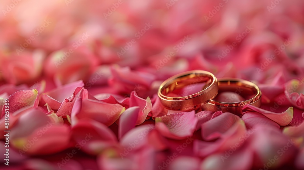 Creative love concept. Pink red rose petals stalks with pair of gold wedding ring band. soft background. Creative love concept. Pink red rose petals stalks with pair of gold wedding ring band. soft background.