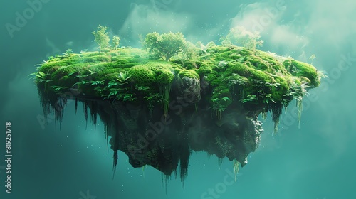 Moss and grass in a surreal floating island, Fantasy, Bright greens and blues, Digital art