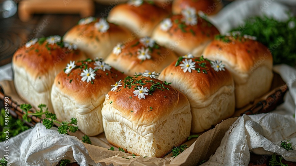 A group of rolls resting on a basket perched atop a wooden table alongside a bouquet of flowers in a separate basket A group of rolls resting on a basket perched atop a wooden table alongside a bouquet of flowers in a separate basket