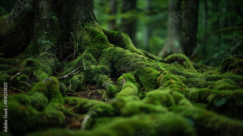 Mosscovered tree roots, forest floor, rich greens and browns, macro photography, detailed root and moss textures © Pikul