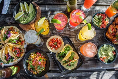 A top-down view of plates filled with classic margarita cocktails, tacos, and guacamole arranged tastefully on a wooden table photo