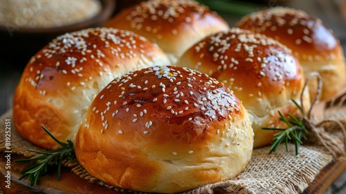  A close-up photo captures three buns with sesame seeds arranged atop a piece of burlwood