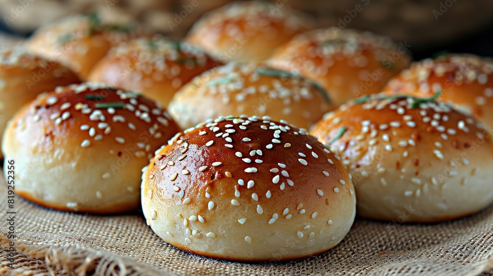 A group of buns with sesame seeds sprinkled on top of a burly burlap A group of buns with sesame seeds sprinkled on top of a burly burlap