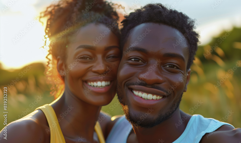 A young and happy African American couple takes a selfie. Couple in love at sunset. A young and happy African American couple takes a selfie. Couple in love at sunset.