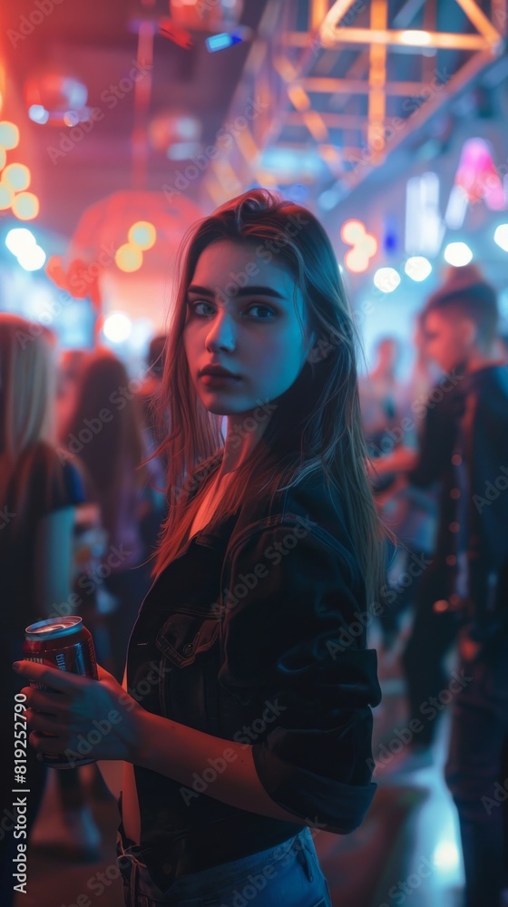 An atmospheric portrait of a young woman holding a drink in a nightclub with vibrant neon lights An atmospheric portrait of a young woman holding a drink in a nightclub with vibrant neon lights