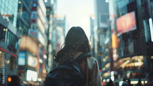 Woman pictured from behind wearing a backpack, observing the city's bright lights at night