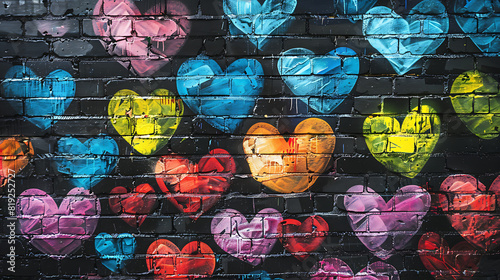 a vibrant and artistic mural featuring colorful hearts painted on a brick wall. The hearts vary in size and color, creating an expressive and visually appealing composition