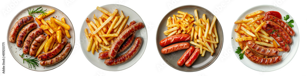 Pork sausages and fries on plates, cut out, isolated on transparent background, top view. Pork sausages and fries on plates, cut out, isolated on transparent background, top view.