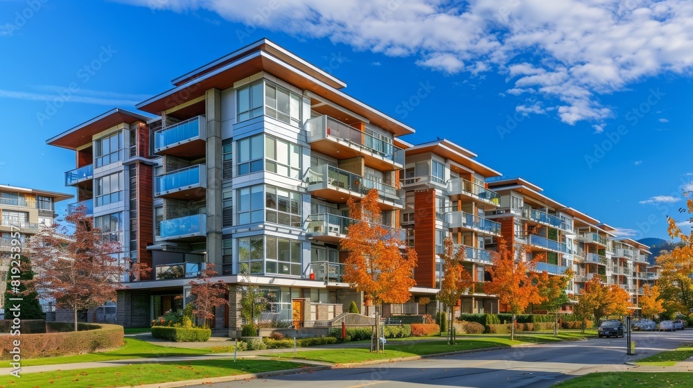 Modern apartment buildings in Richmond, British Columbia, Canada.