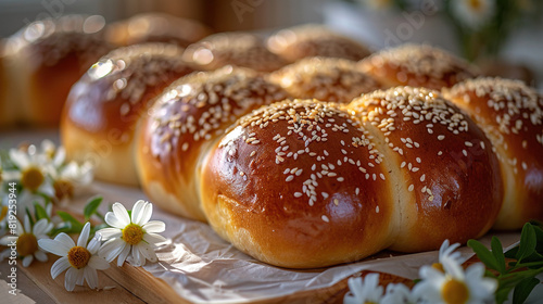  A group of buns arranged on a cutting board coated with sesame seeds and sprinkles