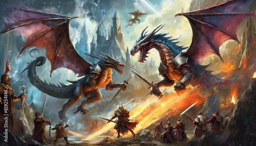 An epic fantasy battle scene with knights, dragons, and magical spells clashing in mid-air.  © Ayaz Studio