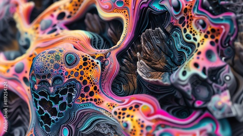 Psychedelic patterns interwoven with wood grain, Psychedelic, Neon and natural tones, Digital art, Mesmerizing and intricate