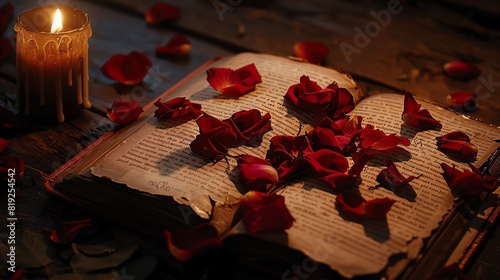 Rose petals scattered over a book with ancient text, lit by candlelight, evoking a sense of nostalgia and romance, Vintage, Warm, Cozy photo