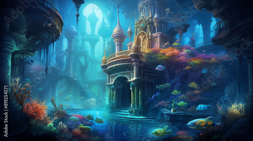 A hidden underwater city teems with colorful marine life, where mermaids and sea creatures live in harmony. © Faisu
