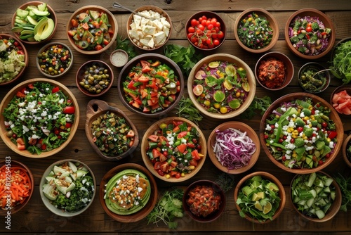 A rustic wooden table is adorned with bowls filled with a variety of fresh salads in different colors and textures