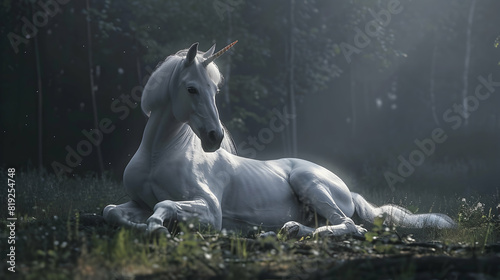 Isolated lying white horse unicorn - Generative AI PHOTOGRAPHY   