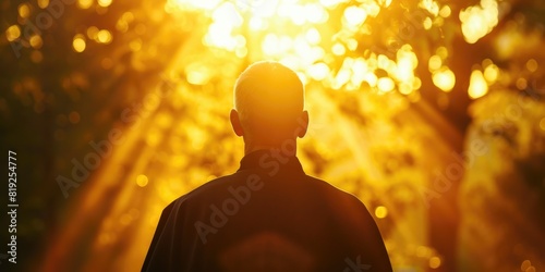 Spiritual Solitude: Priest Silhouette Amidst Radiant Sunbeams