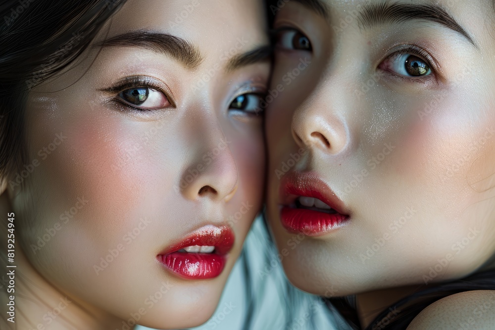 Closeup of two Asian women with vibrant red lipstick on their faces, emphasizing their features
