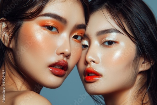Closeup of two Asian women with vibrant orange makeup accentuating their features