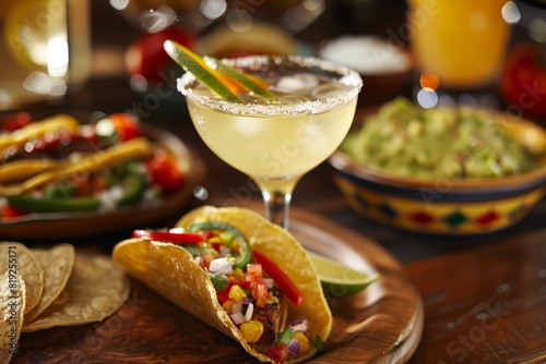 A plate with a taco and a classic margarita cocktail elegantly placed on a table from a slightly elevated angle photo
