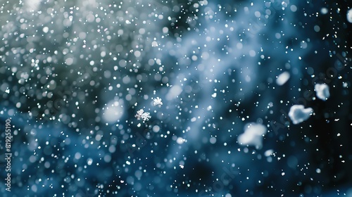 Snowflakes falling against a dark blue sky, serene, realistic, high resolution, photography, emphasizing the delicate and calming nature of snowfall