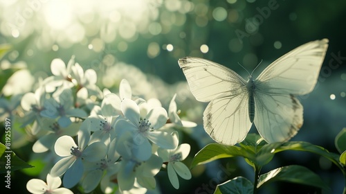 Butterfly with white wings moves from one flower to another photo