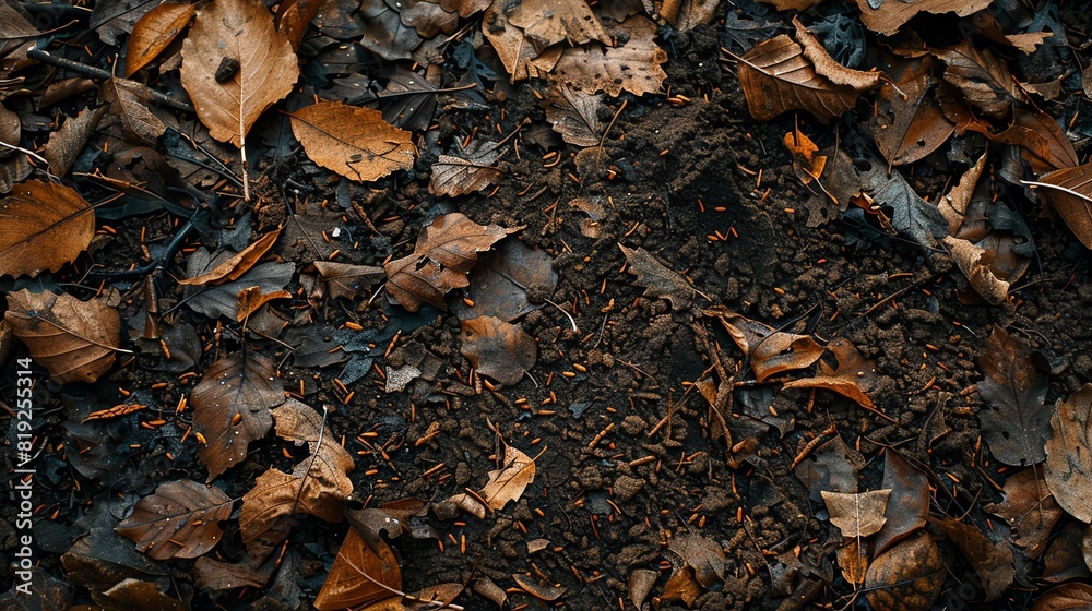 Soil with decomposing leaves, autumn forest, warm browns and oranges, macro photography, detailed leaf and soil textures