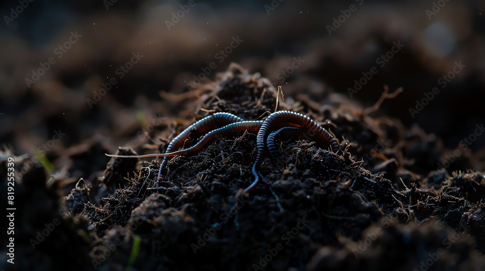 Fototapeta premium Soil with earthworms, garden bed, rich dark browns, macro photography, detailed soil and worm textures