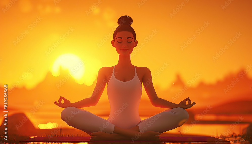 Happy Woman Doing Yoga at Sunset - Find peace and relaxation with this image of a happy woman doing yoga at sunset, perfect for illustrating mindfulness and tranquility Happy Woman Doing Yoga at Sunset - Find peace and relaxation with this image of a happy woman doing yoga at sunset, perfect for illustrating mindfulness and tranquility