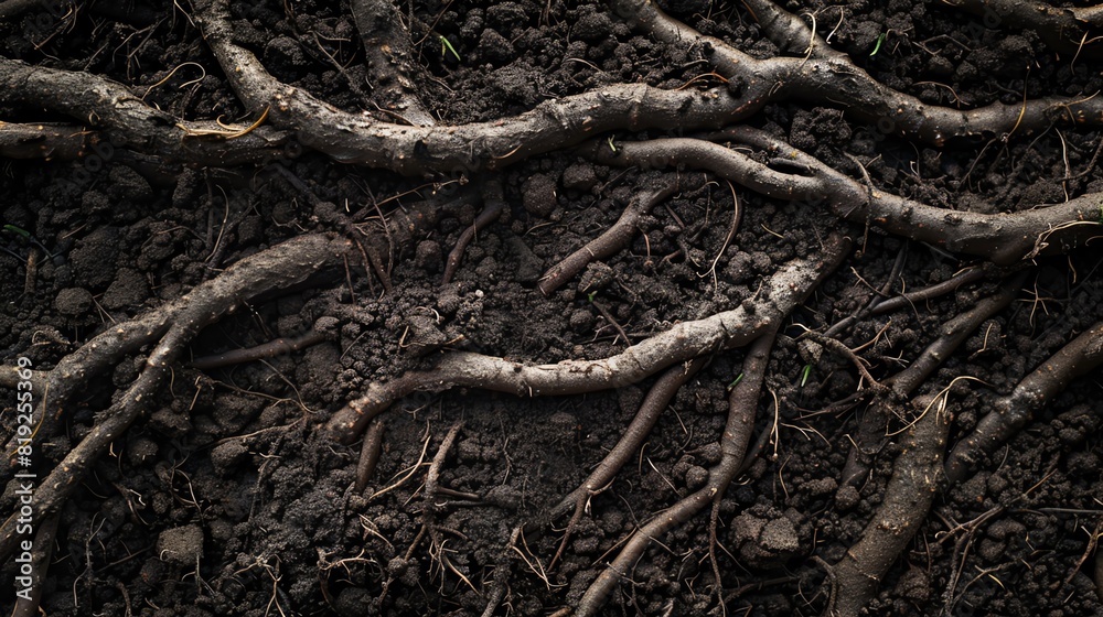 Soil with roots intertwined, garden bed, rich dark browns, macro photography, detailed root structure Soil with roots intertwined, garden bed, rich dark browns, macro photography, detailed root structure