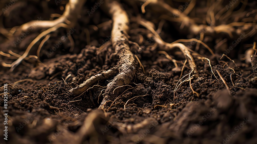 Soil with roots intertwined, garden bed, rich dark browns, macro photography, detailed root structure Soil with roots intertwined, garden bed, rich dark browns, macro photography, detailed root structure