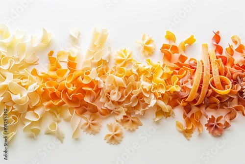 Diverse types of dried pasta arranged elegantly on a clean white surface