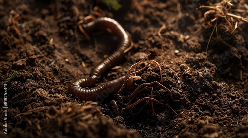 Soil with earthworms, garden bed, rich dark browns, macro photography, detailed soil and worm textures