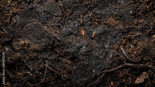 Soil with earthworms, garden bed, rich dark browns, macro photography, detailed soil and worm textures