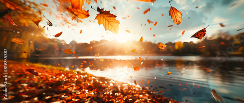 Autumn leaves falling over the park lake with warm sunlight coming from behind, closeup of single leaves, seasonal background