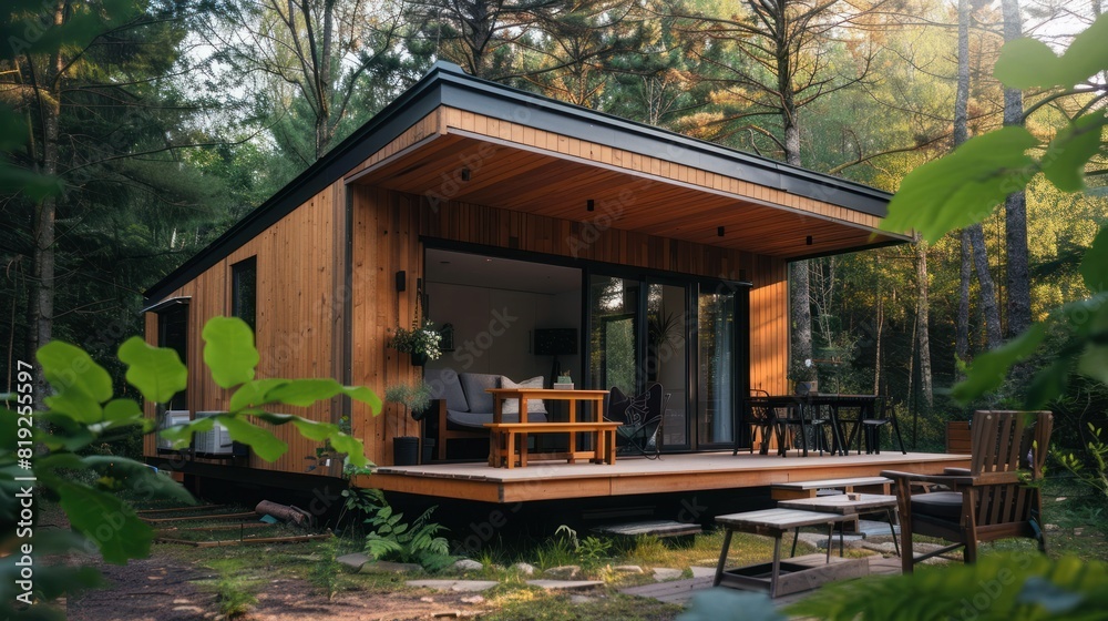 Luxury wooden tiny house in nature forest. Generative AI Luxury wooden tiny house in nature forest. Generative AI
