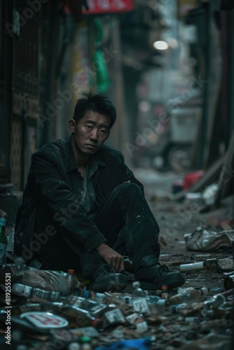A man sitting on the ground in an alley, suitable for urban lifestyle concepts