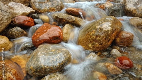 Stream flowing over pebbles, Nature Photography, Earth tones, Soft Focus, capturing the gentle and soothing texture of water