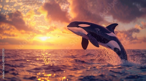 Orca whale jumping out of the water of the sea during a beautiful sunset