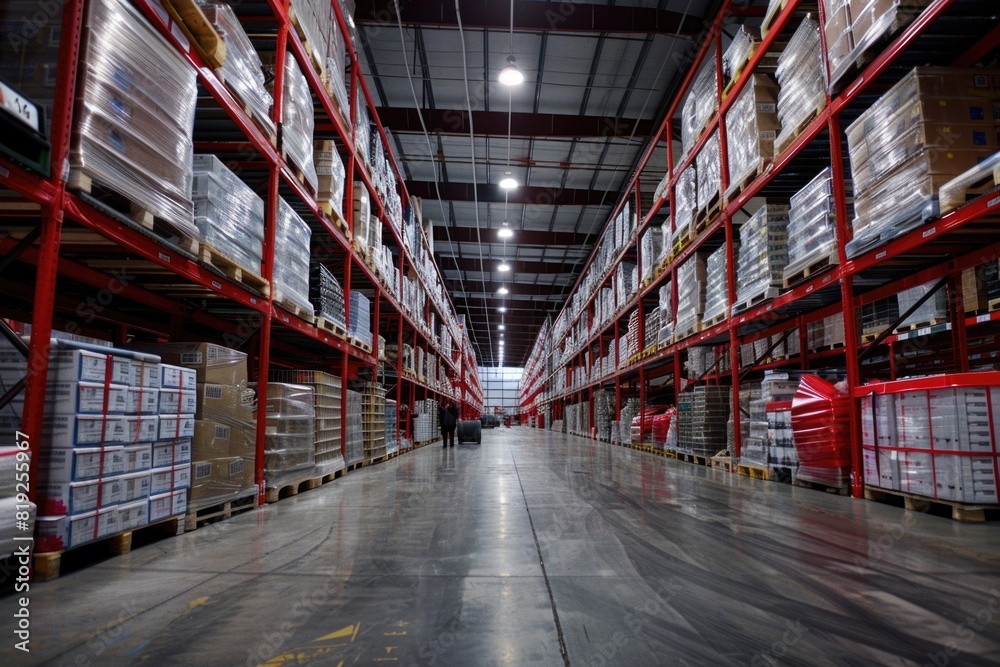 Organized warehouse interior showcases efficiency in logistics and supply chain management