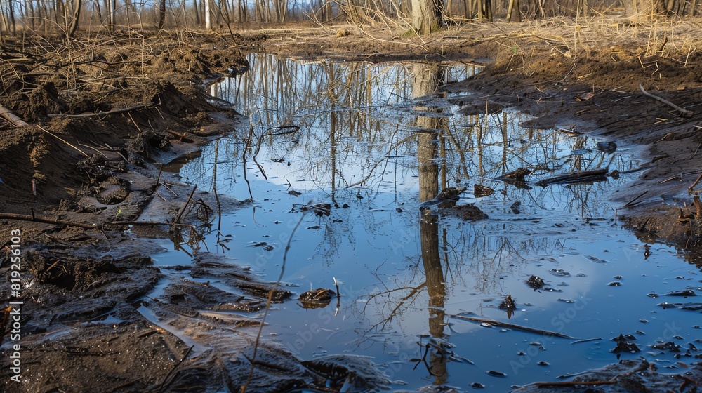 Obraz premium Waterlogged soil with standing water, wetland area, dark browns and blues, highresolution photography, detailed reflections