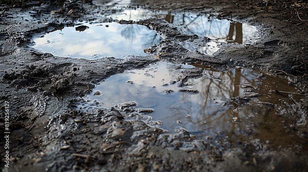 Obraz premium Wet mud with small puddles, natural setting, dark browns and grays, realistic photography, reflections and ripples