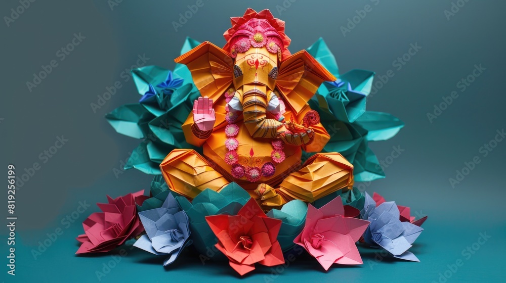  Origami of Indian God Ganesh in colorful flowers craft