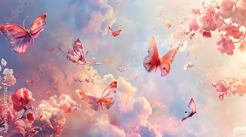 Whimsical scene of flower petals transforming into butterflies  set against a dreamy sky  Fantasy  Watercolor  Soft Hues