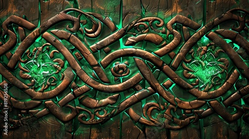 Wooden surface with intricate Celtic knot designs glowing, Fantasy, Earthy and glowing green, Digital art, Mythical and ancient