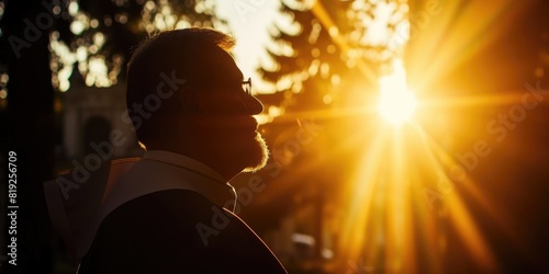 Divinity's Embrace: Close-up of Priest in Sun's Glow photo
