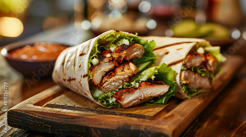 A close-up shot of a fresh Caesar wrap with grilled chicken, romaine lettuce, and Caesar dressing, served on a wooden board, natural light photo
