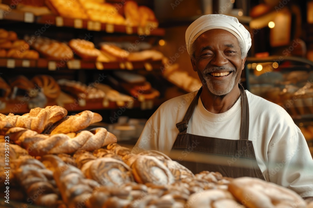 Baker with a joyful expression in the bakery Baker with a joyful expression in the bakery