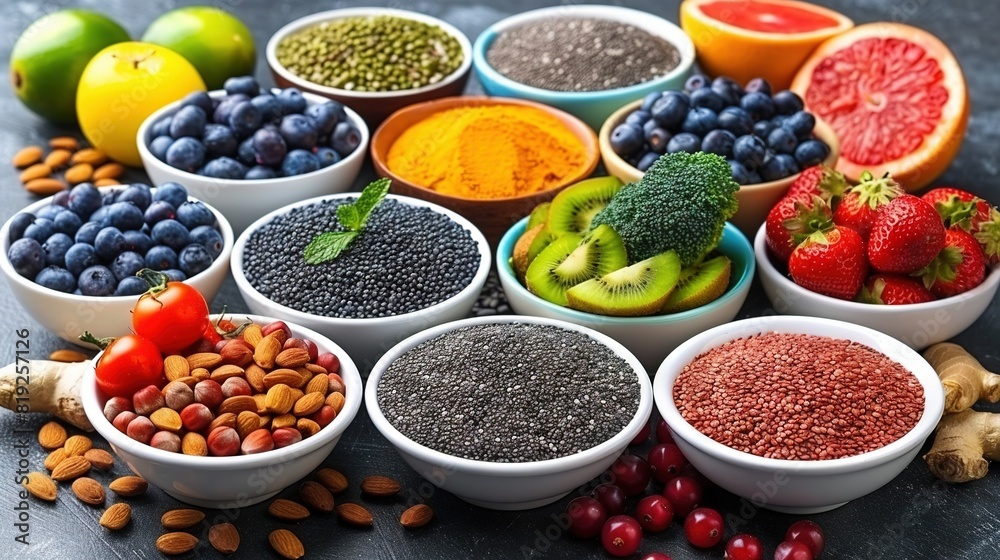 A table adorned with various fruit bowls and a heap of nuts, showcasing a delightful assortment A table adorned with various fruit bowls and a heap of nuts, showcasing a delightful assortment
